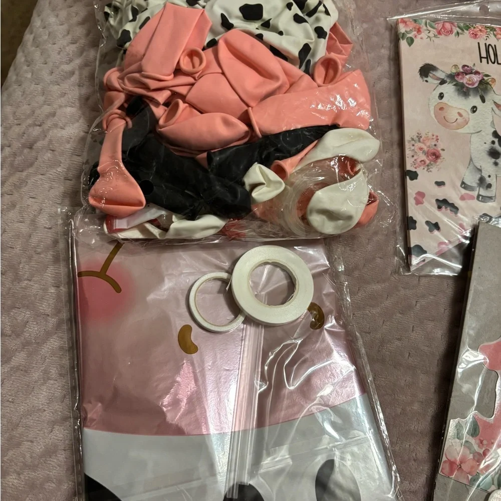 Cow Themed 1st Birthday Party Supplies Set - Pink and Black